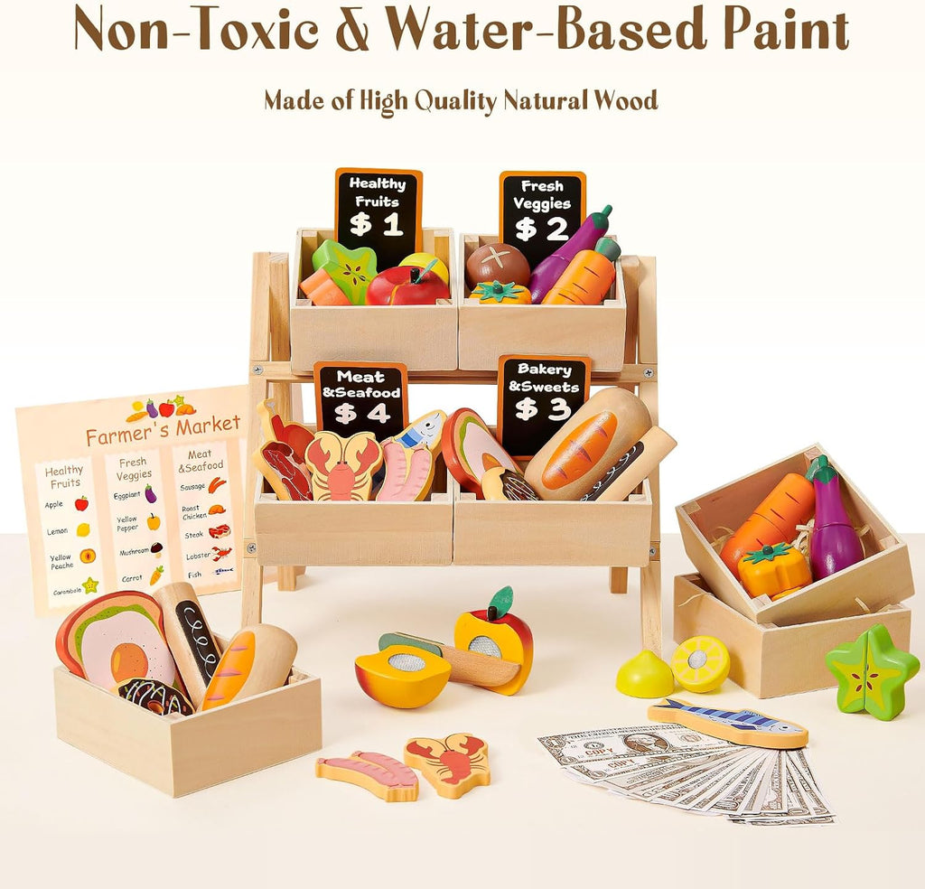 Toyssa Juego de 40 piezas de alimentos de madera con estante de tienda de comestibles y juguetes de corte, accesorios de cocina para niños pequeños, agricultores educativos, regalos de juego de rol para niñas y niños de 3 a 7 años