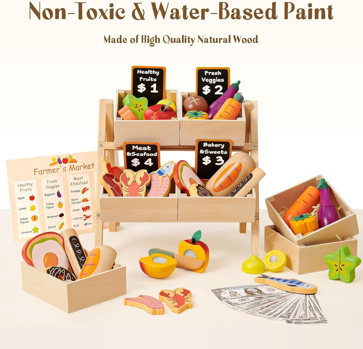 Toyssa Juego de 40 piezas de alimentos de madera con estante de tienda de comestibles y juguetes de corte, accesorios de cocina para niños pequeños, agricultores educativos, regalos de juego de rol para niñas y niños de 3 a 7 años