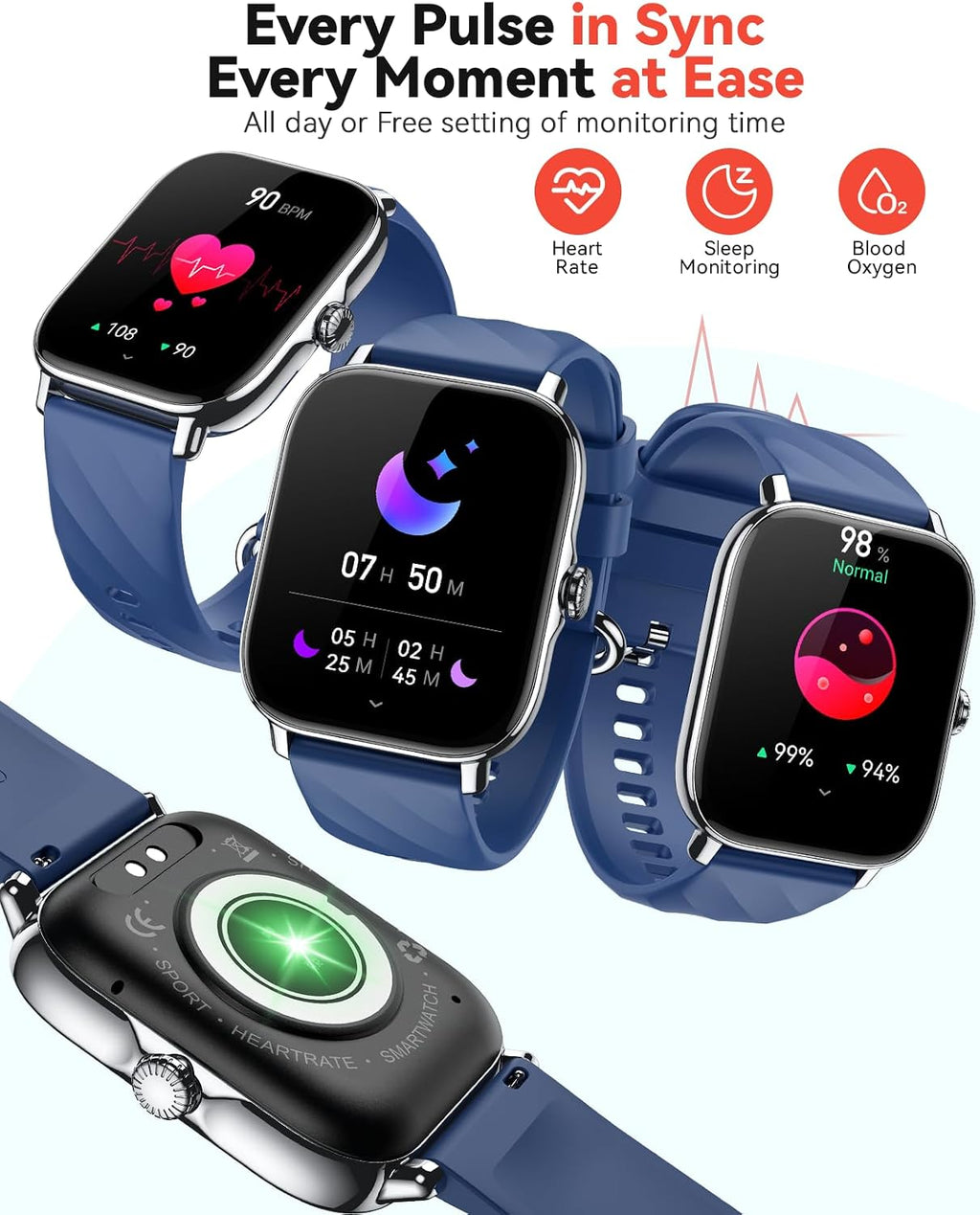 Relojes inteligentes rastreador de actividad física para mujeres y hombres con contador de pasos, monitor de calorías de sueño, podómetro, impermeable IP68, reloj inteligente con más de 120 deportes para iPhone y Android (azul)
