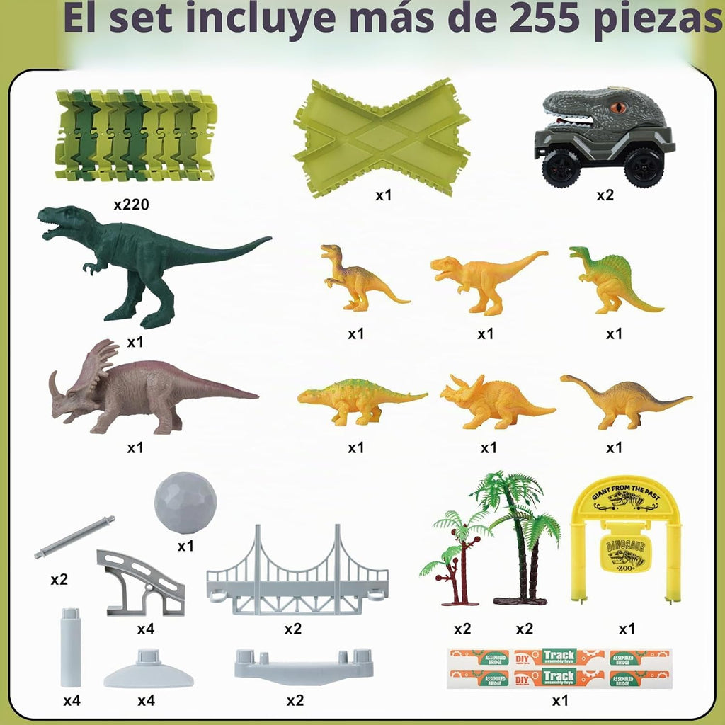 Juguetes de carreras de dinosaurios para niños, regalos de cumpleaños para niños y niñas de 3, 4, 5, 6, 7 años, más de 255 piezas, juego de construcción de dinosaurios con pista flexible, hazlo