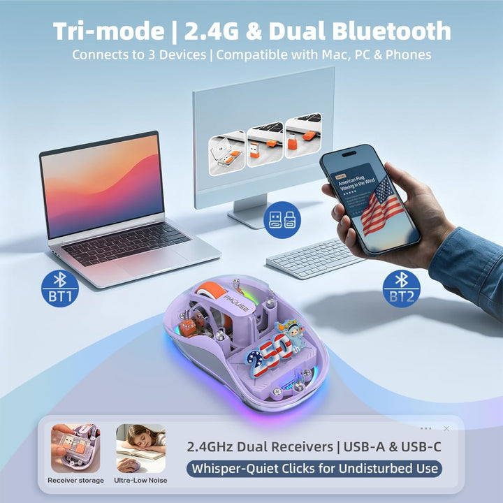 FMOUSE Ratón inalámbrico transparente, regalo del 4 de julio, 250 e...
