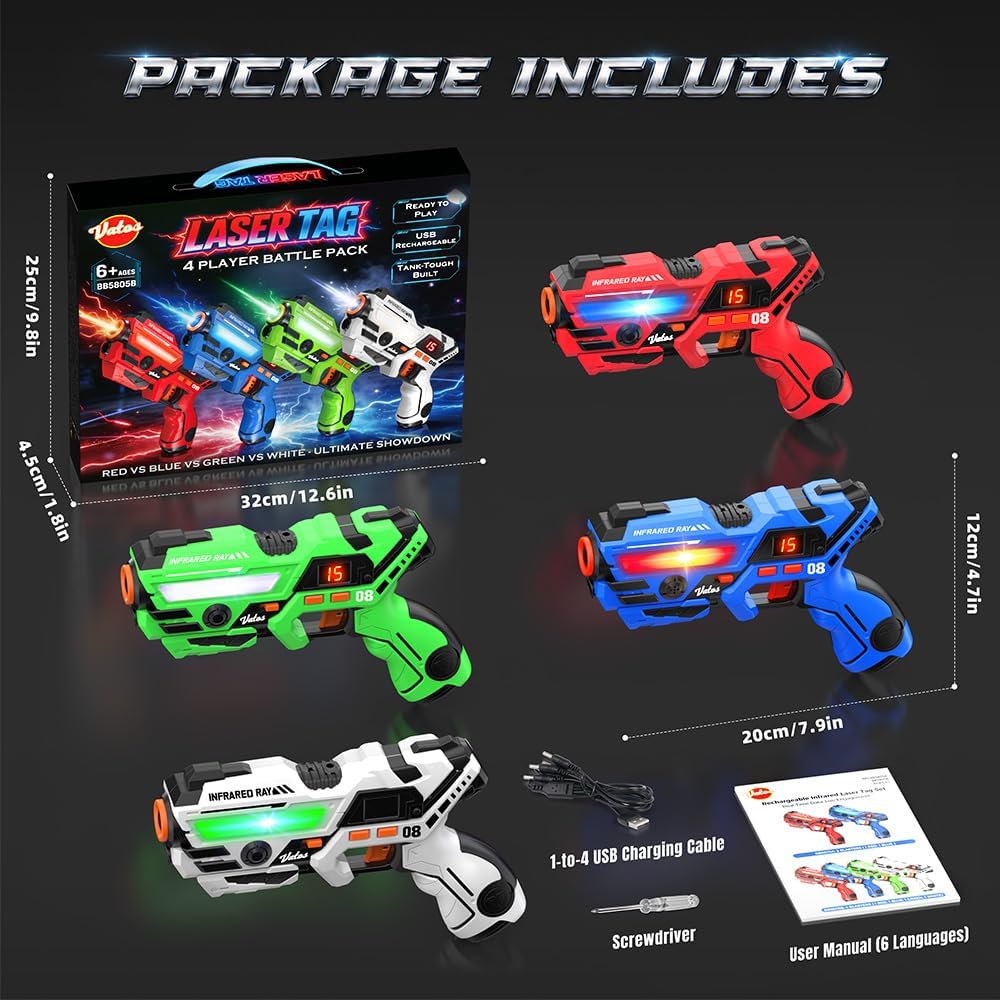 VATOS Juego de 4 pistolas láser recargables con pantalla LED, sonido y vibración, alcance de 131.2 ft, juego de disparos para interiores y exteriores, juguetes para niños y niñas, regalo de cumpleaños