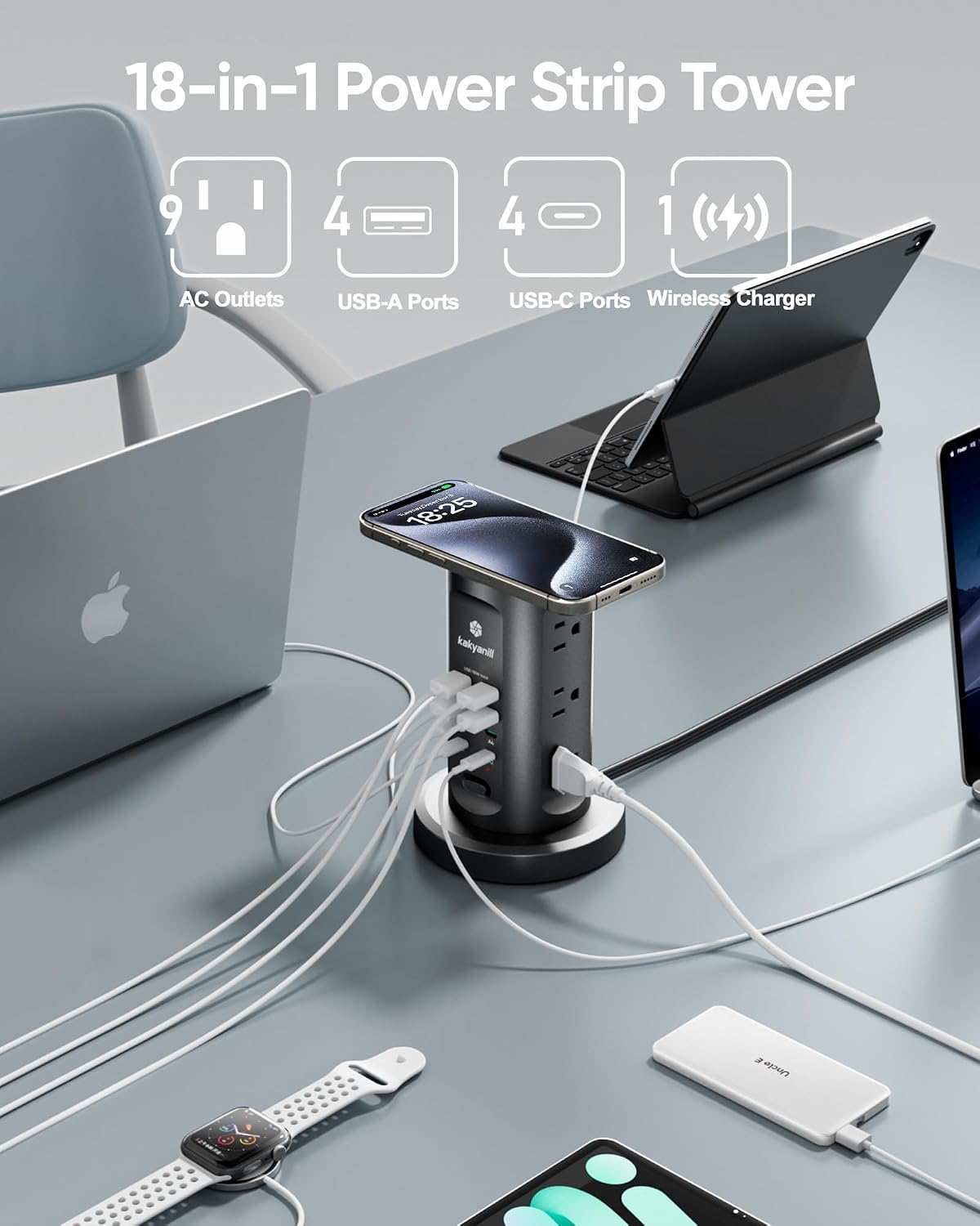Estación de Carga USB de 115W, Torre de regleta con 9 tomas AC y 8 USB