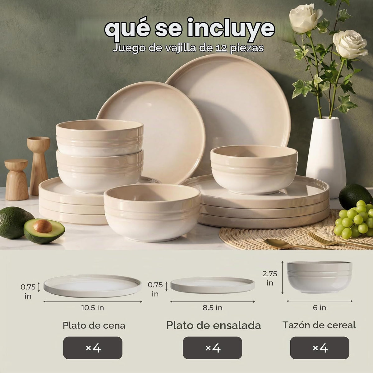 SMIRLY Juego de vajilla de cerámica para 4, 12 piezas, juego de platos y
