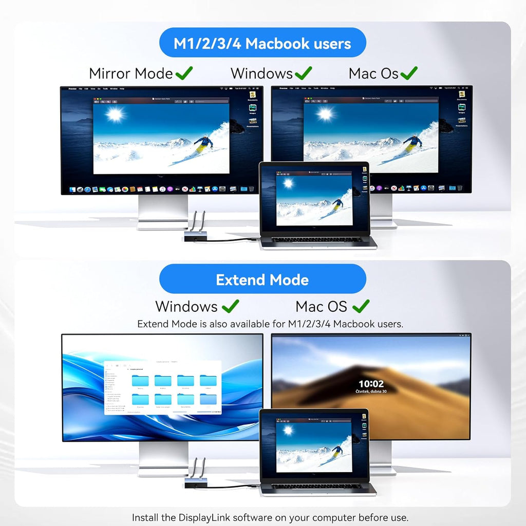 ACASIS Adaptador USB C a HDMI dual DisplayLink, 4K@60Hz, 2 HDMI y 3 puertos USB-A, carga PD de 100W, estación de acoplamiento USB C DisplayLink para Mac M1/M2/M3/Windows, adaptador USB A/C a monitor