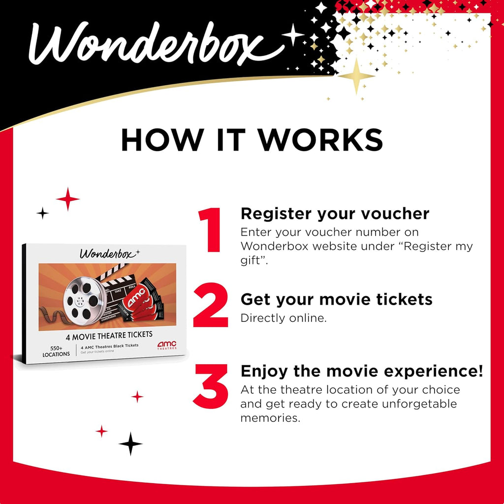 WONDERBOX – Paquete de entradas de cine AMC - 4 entradas negras - Idea de regalo original - Regalo experiencial - 550 ubicaciones en los EE. UU