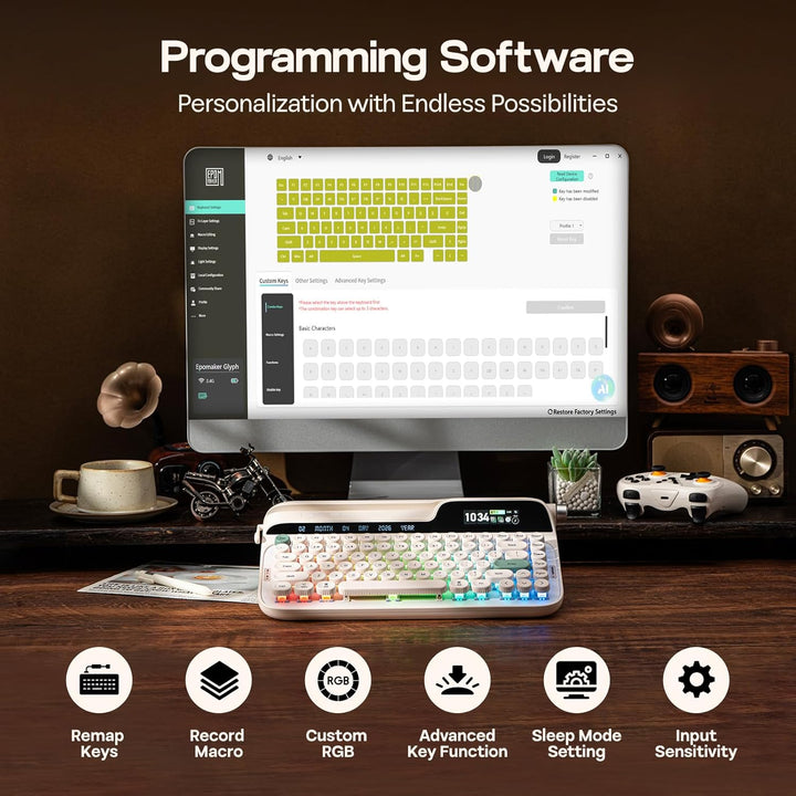 EPOMAKER Glyph - Teclado mecánico inalámbrico retro, pantalla y per...