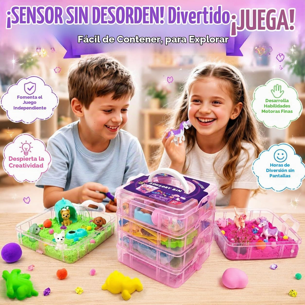 Cubo sensorial apilable, unicornio y juego de arena sensorial para mascotas