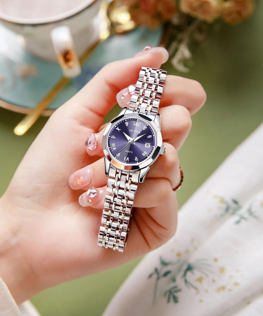 OLEVS Reloj Analógico de Cuarzo para Mujer, Acero Inoxidable Plateado de Dos Tonos, Moda, Resistente al Agua, Luminoso, con Fecha y Día, Relojes de Pulsera para Damas