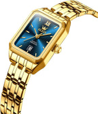 OLEVS Reloj de mujer de oro de acero inoxidable, reloj de cara cuadrada pequeña con decoración de diamantes, reloj de vestir de cuarzo analógico de lujo para mujer, reloj de pulsera impermeable con