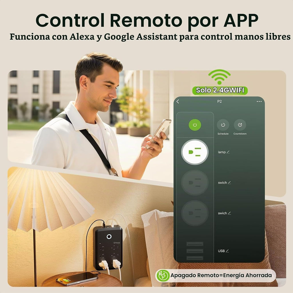 GHome Smart Extensor de tomacorriente, protector de sobretensiones con 3 regletas inteligentes controladas individualmente y 3 puertos USB inteligentes, enchufes inteligentes que funcionan con Alexa