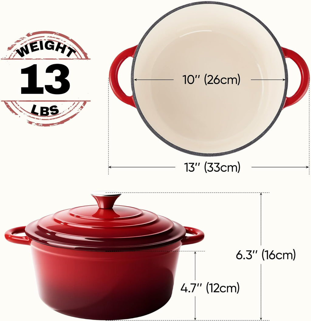 Olla holandesa de 6 cuartos de galón con tapa, horno holandés de hierro fundido esmaltado antiadherente para hornear pan, resistente, utensilios de cocina de cerámica aptos para horno hasta 500 °F para hornear, estofar, guisar, asar, rojo
