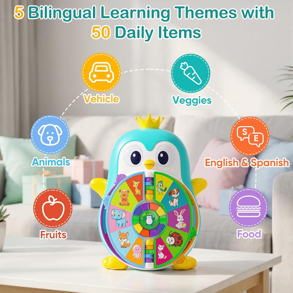 Juguetes de aprendizaje de pingüinos musicales para niños de 1 año, juguetes educativos bilingües para 1-3 años con 5 temas, sonido y luz, enseñanza de primera palabra para 12-18 meses, regalos de primer cumpleaños para niños y niñas