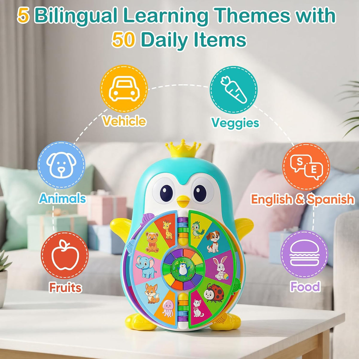 Juguetes de aprendizaje de pingüinos musicales para niños de 1 año, juguetes educativos bilingües para 1-3 años con 5 temas, sonido y luz, enseñanza de primera palabra para 12-18 meses, regalos de primer cumpleaños para niños y niñas