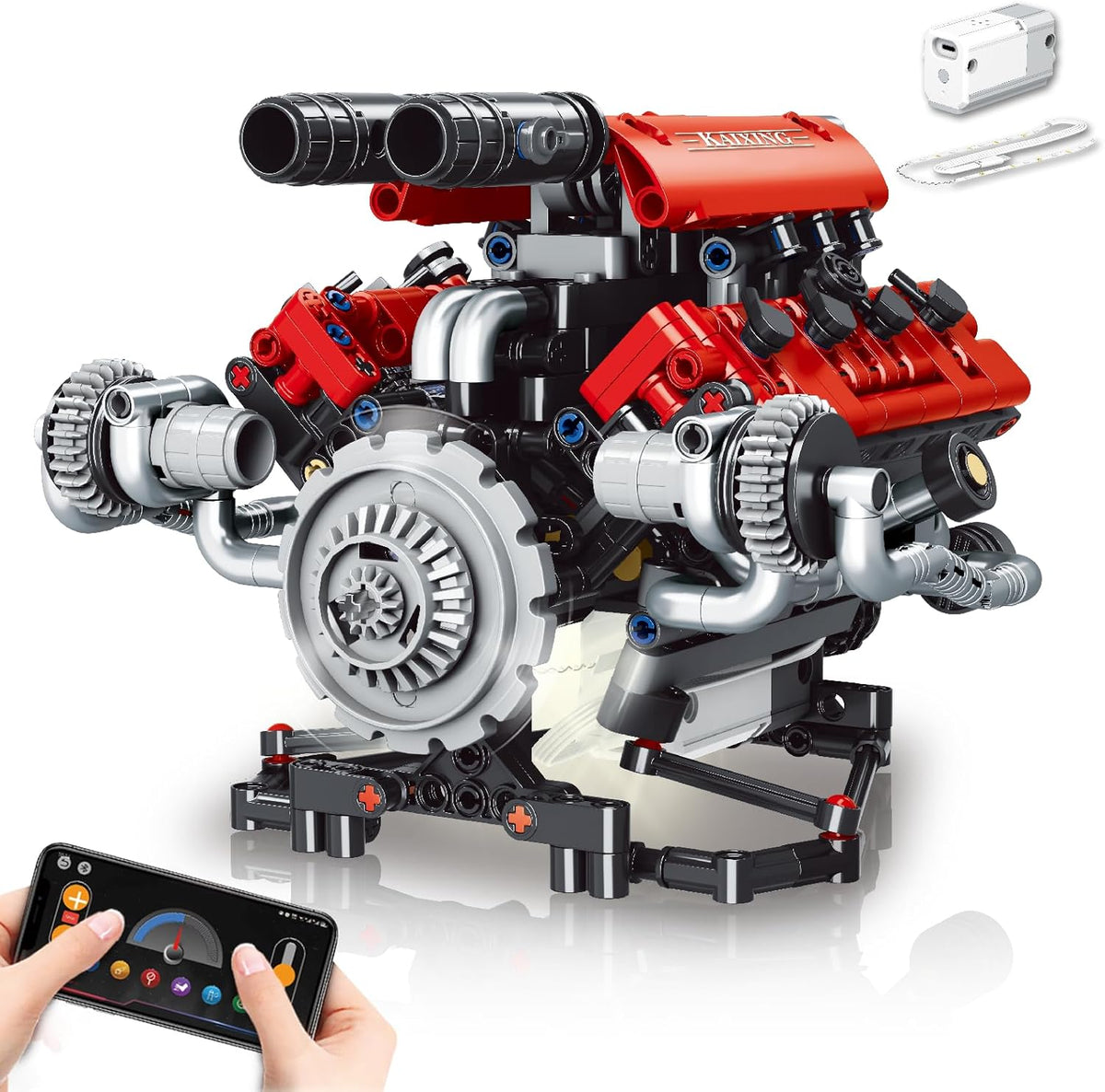 V8 Kit de modelo de motor que funciona – Juego de bloques de construcción de motor visibles de 8 cilindros con motor, luz LED y control de aplicación – Construye tu propio kit de ingeniería, proyecto STEM para adultos y niños (660 piezas)