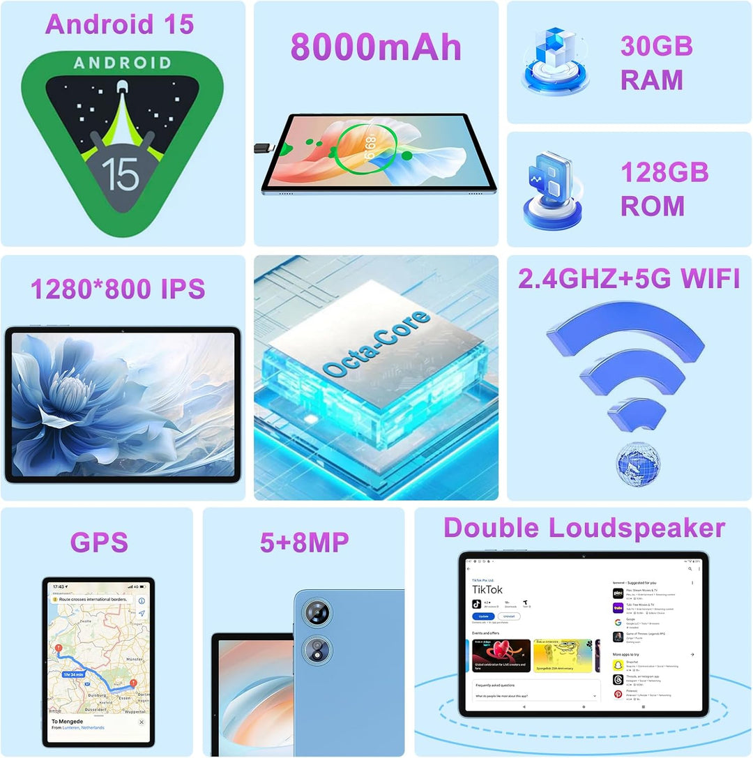 Tableta Android 15 30GB RAM 128GB ROM 1TB TF, Tableta de 10 Pulgada...