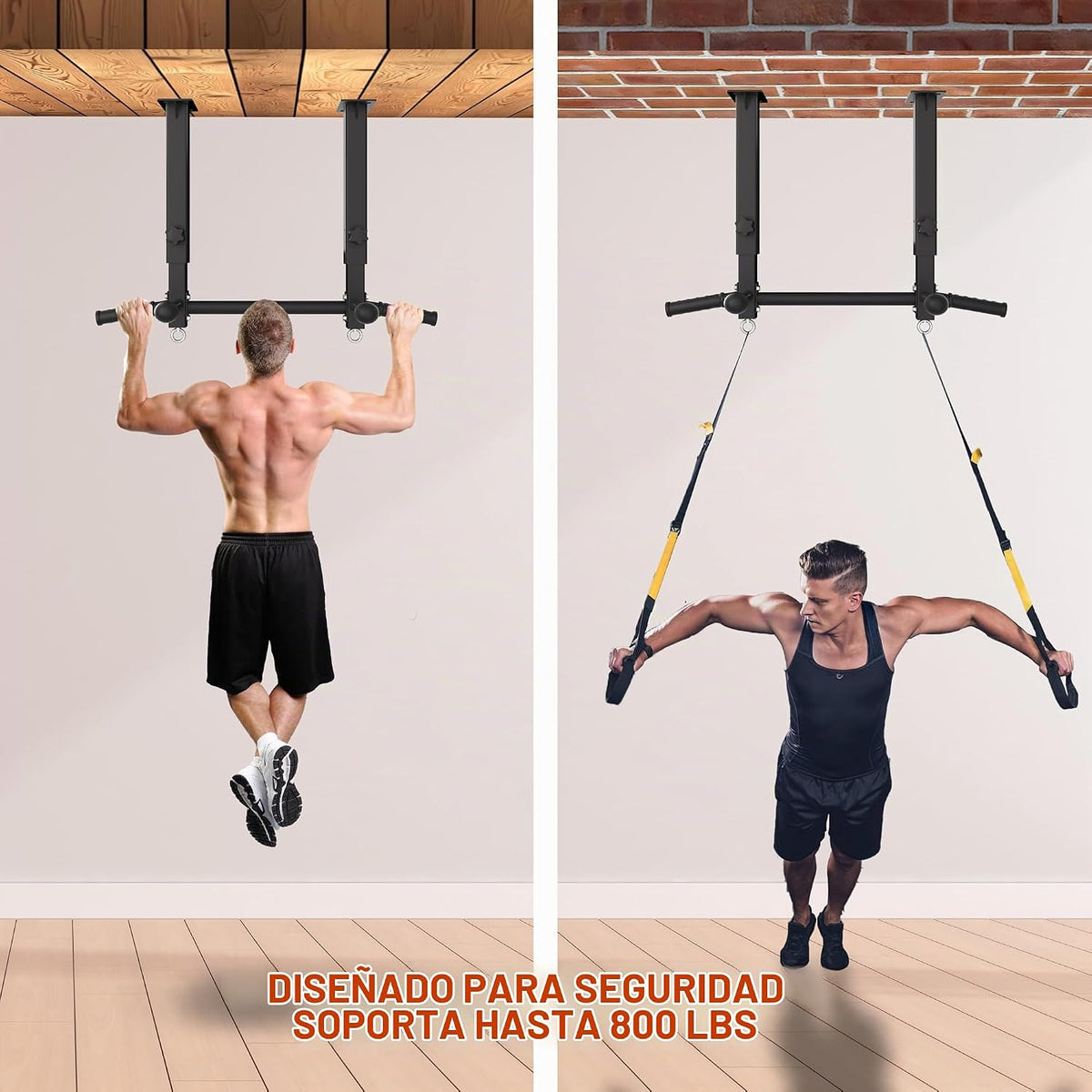 Barra de dominadas de montaje en techo, barra de barbilla de altura ajustable resistente de 800 libras con agarres de bola y anclajes TRX, estación de entrenamiento de agarre múltiple para garaje, sótano y gimnasio en casa