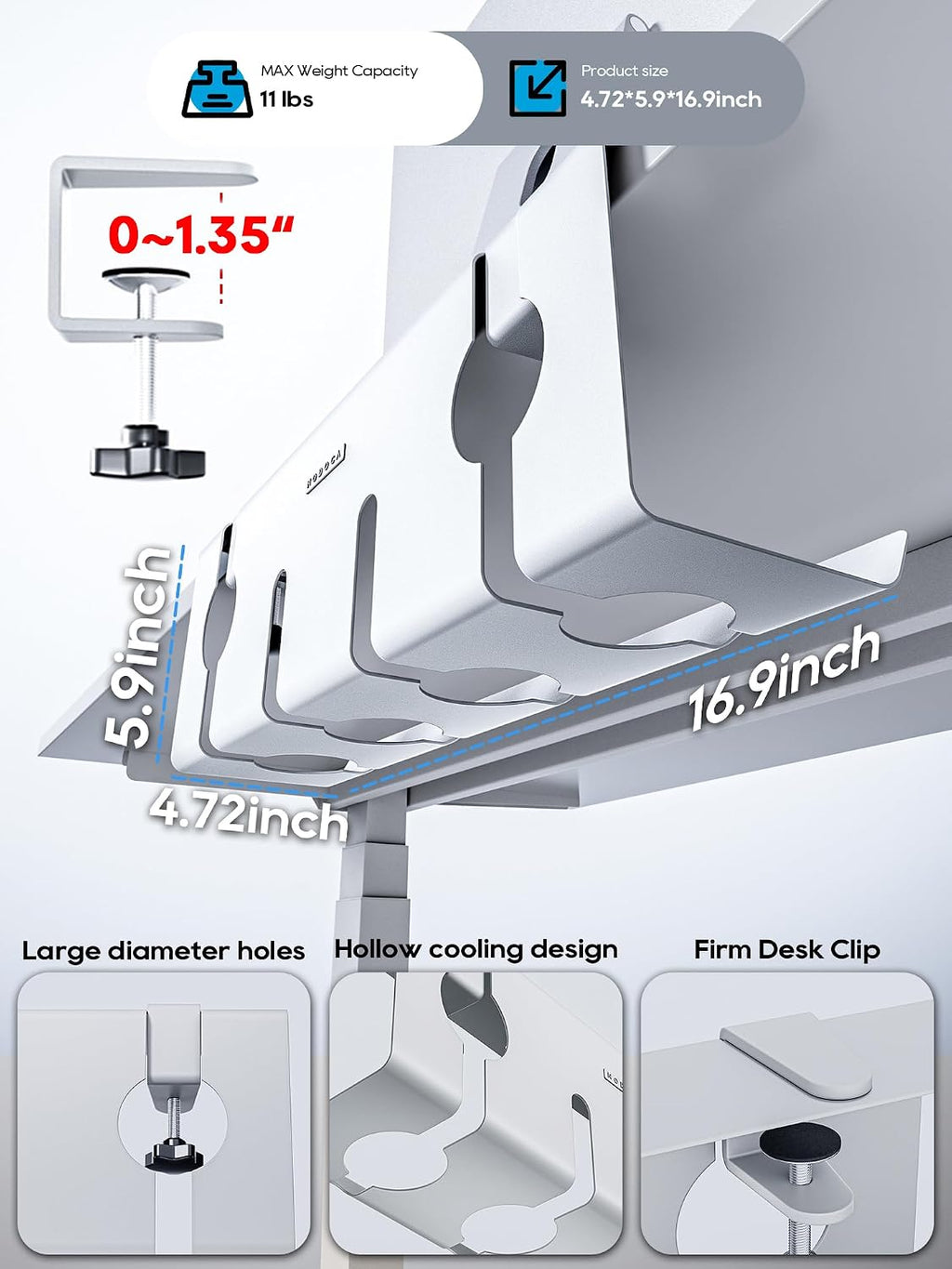 No Drill Under Desk Cable Management Tray, 17'' Wire Management, Punch-Free Clamp en, metal Cable Tray, Wire Organizer Under Desk, Under Dessk Basket para Office y Home, blanco