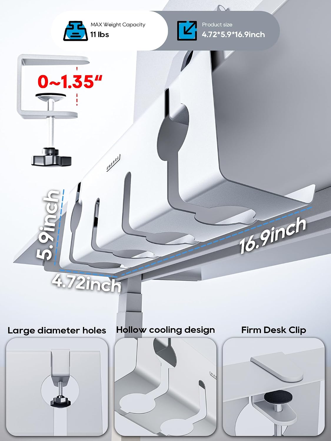 No Drill Under Desk Cable Management Tray, 17'' Wire Management, Punch-Free Clamp en, metal Cable Tray, Wire Organizer Under Desk, Under Dessk Basket para Office y Home, blanco