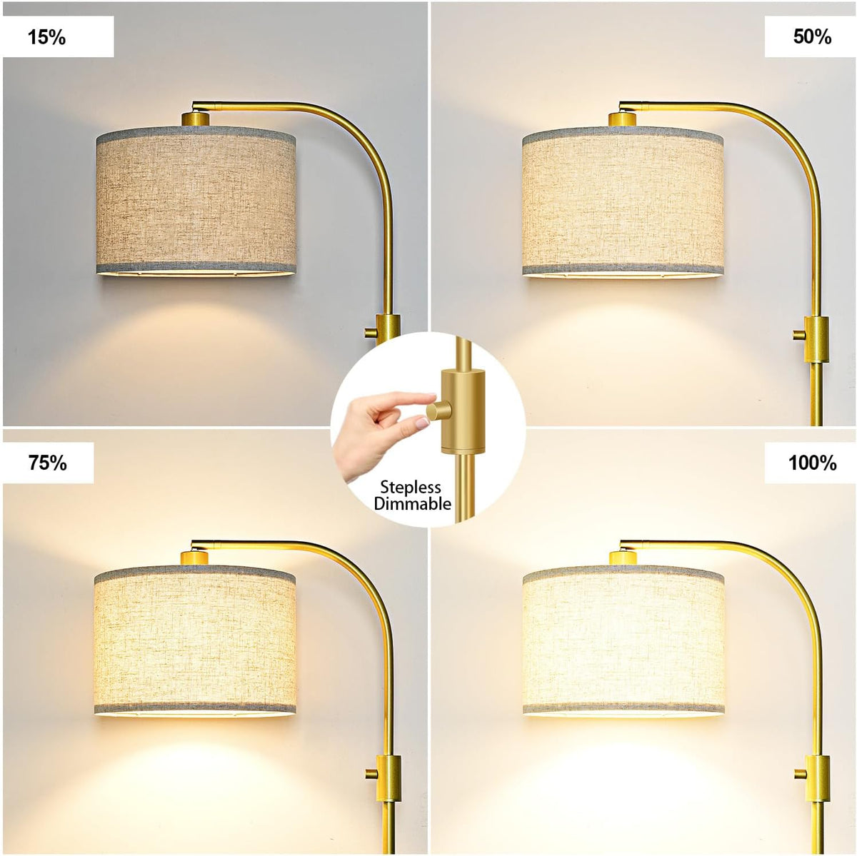 Lámpara de pie alta, moderna y regulable con dimmer Arc, pantalla de lino, 1200 lúmenes, bombilla LED incluida, para sala de estar y lectura, dormitorio, oficina y nursery, dorado