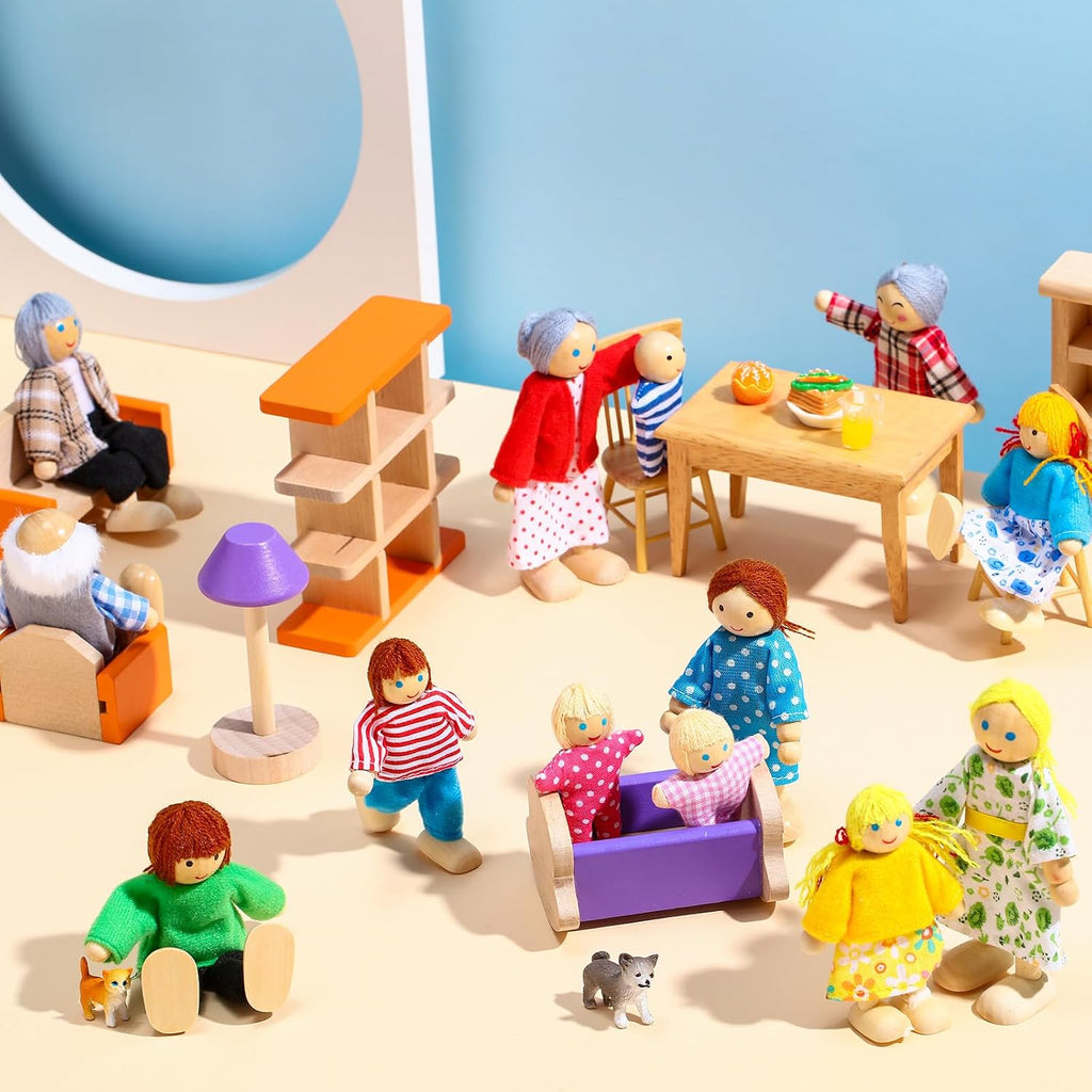 Juego familiar de casa de muñecas de madera de 20 piezas, 16 mini figuras de personas, 4 mascotas, vívido