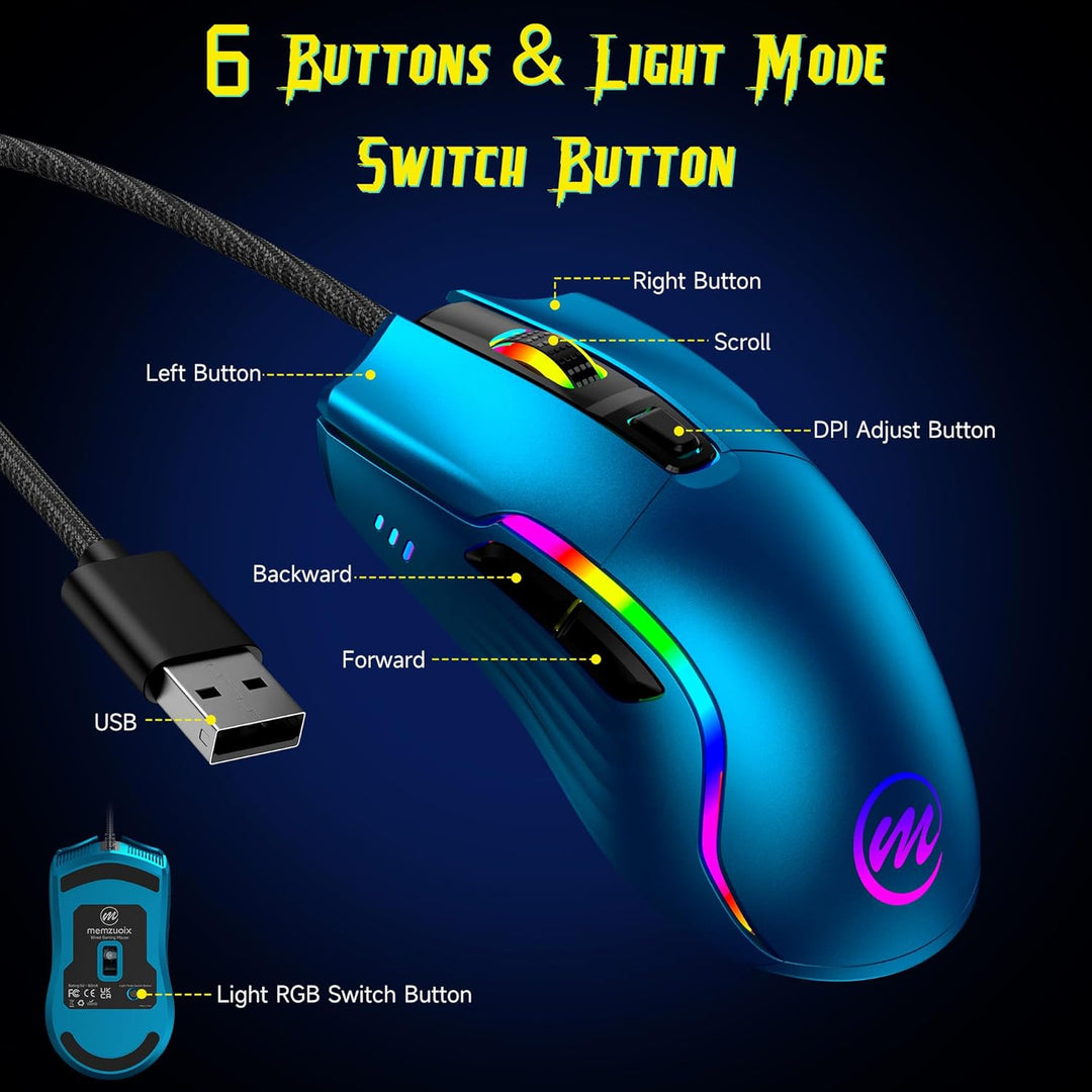memzuoix Mouse para juegos con cable RGB - 6 DPI ajustables hasta 1...