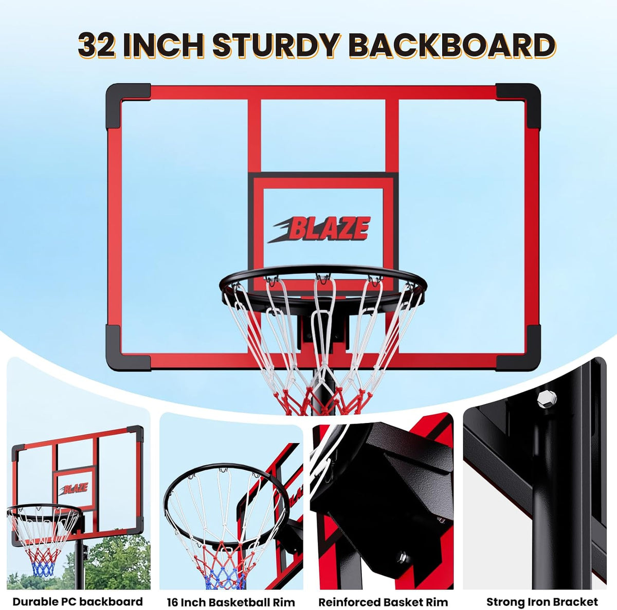Anillo/Canasta Portátil de 32" para Baloncesto al Aire Libre, Altura Ajustable de 4.1–8.5 pies