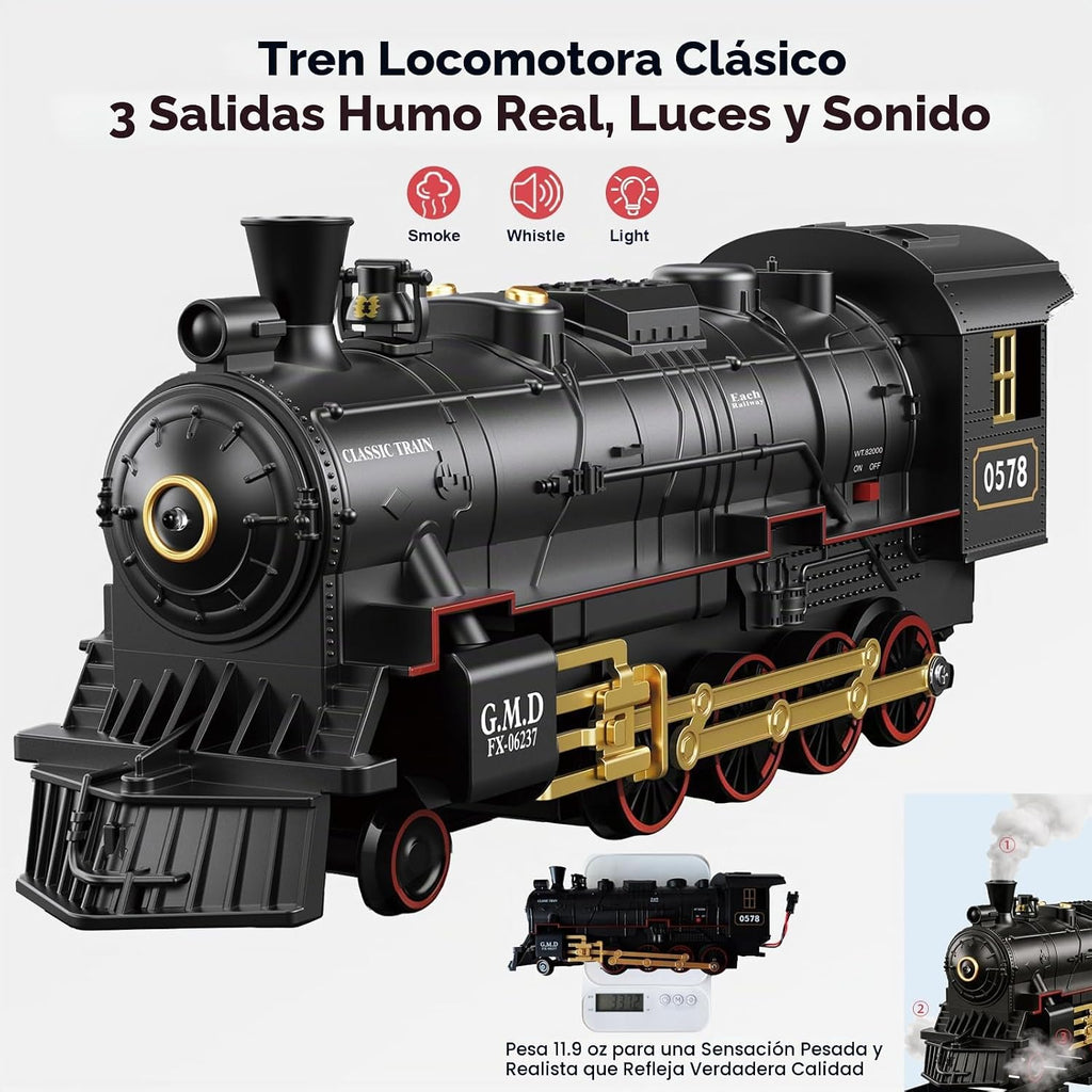 Juego de tren eléctrico a control remoto, locomotora de vapor, vagón de carga y pistas, juguetes de tren para niños con 3 humo, silbato y luces, regalo de cumpleaños de Navidad para niños y niñas de 3, 4, 5, 6, 7