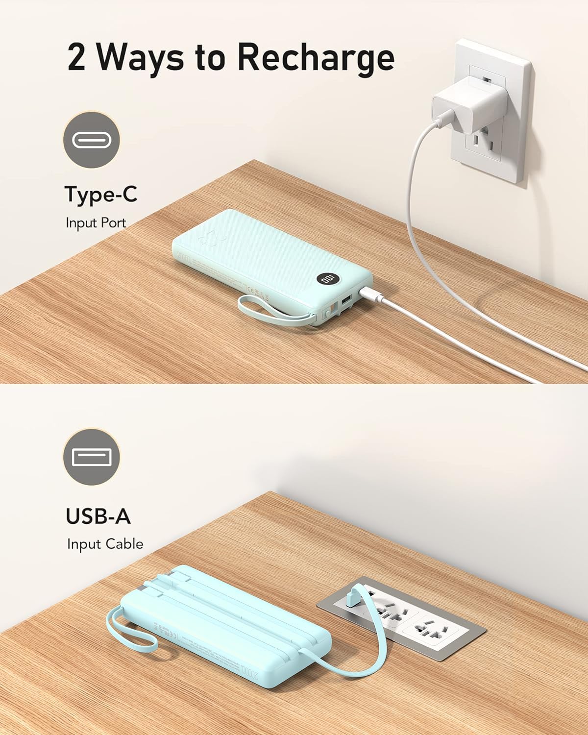 Cargador portátil VEEKTOMX de 20000 mAh con cables USB-C y iPhone i...