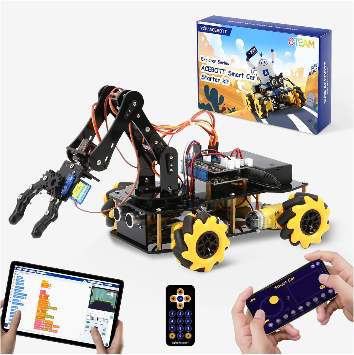 Robótica para niños de 8 a 12 años, ACEBOTT Smart Robot Arm Car Kit con 5DOF, juguetes STEM para niños de 8 a 12 años de 12 a 16 años, ESP32 Arduino/Python/Blockly, aplicación y control remoto, regalo STEM DIY para adolescentes y adultos