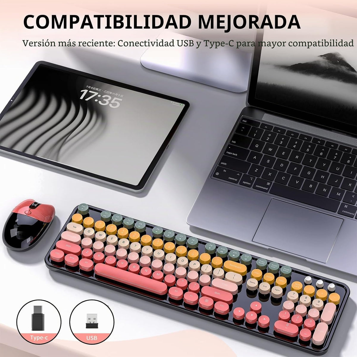 Teclado y ratón inalámbricos, MOFII 104 teclas redondas máquina de...