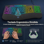Teclado dividido ergonómico con cable con retroiluminación RGB y