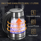 Taylor Swoden - Tetera de vidrio eléctrica para agua caliente para té y café de 1.7 litros, hervidor eléctrico de ebullición rápida, hervidor de agua inalámbrico con apagado automático y protección
