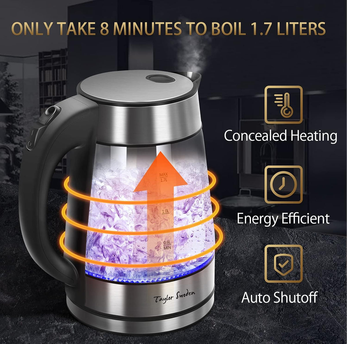Taylor Swoden - Tetera de vidrio eléctrica para agua caliente para té y café de 1.7 litros, hervidor eléctrico de ebullición rápida, hervidor de agua inalámbrico con apagado automático y protección