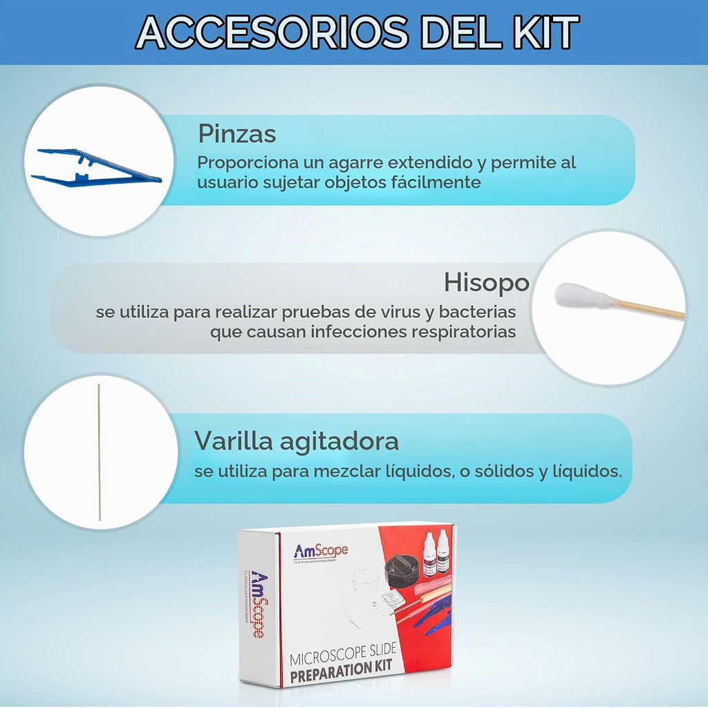 Kit de preparación de portaobjetos de microscopio AmScope - Incluye diapositivas de microscopio en blanco, polvos de colorante rojo eosina y azul de metileno, pinzas, hisopo y más - Kit de 22 piezas