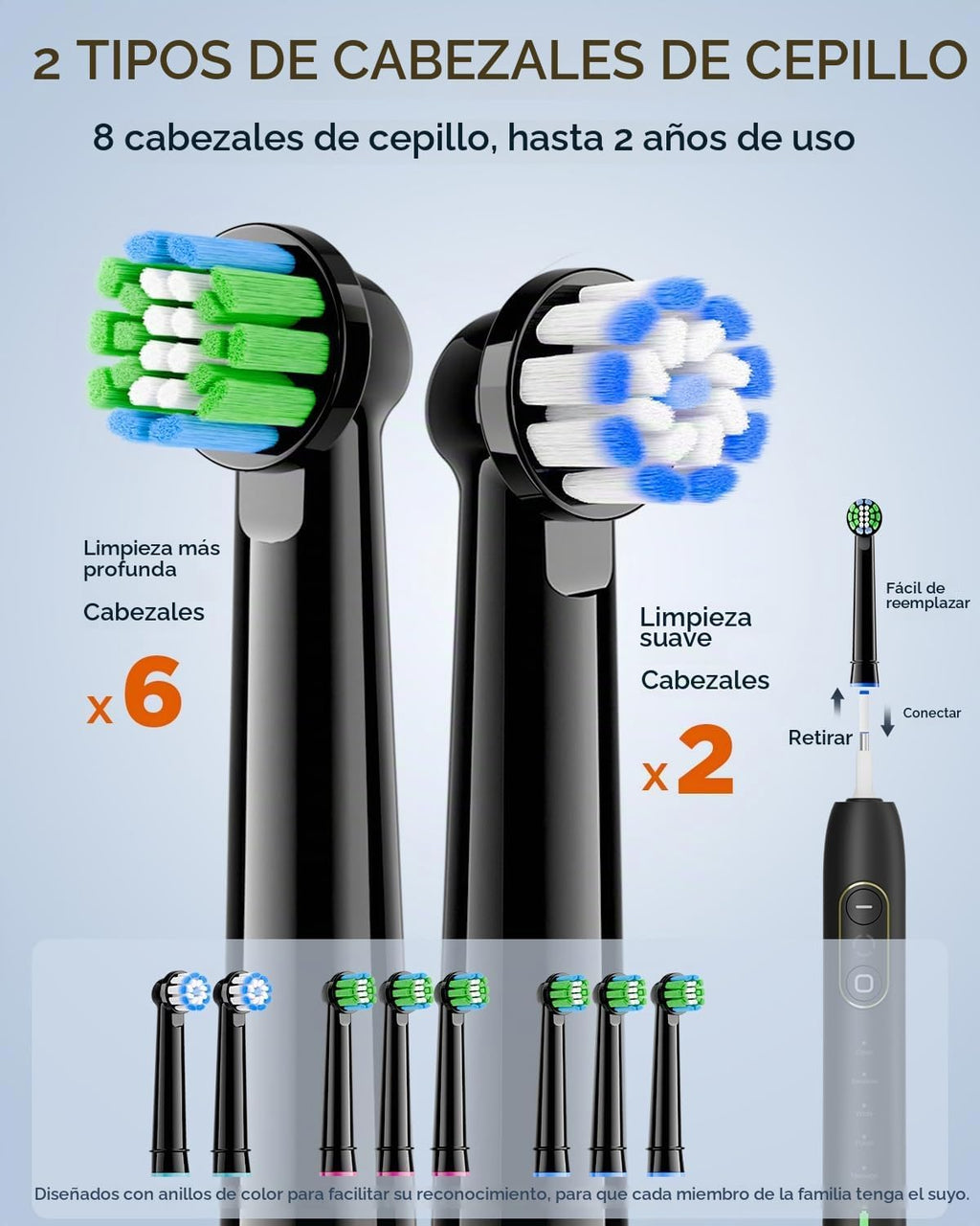 Cepillo de dientes eléctrico giratorio para adultos, 8 cabezales de