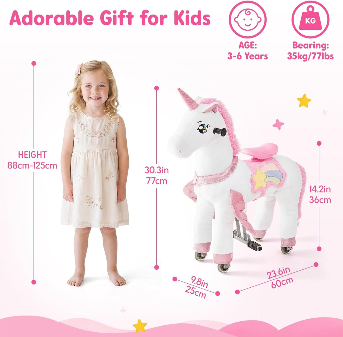 FUNLIO Caballo de unicornio para niños de 3 a 6 años, juguetes de felpa con ruedas para jugar en interiores y exteriores, fácil de montar, certificado CPC y CE, pequeño