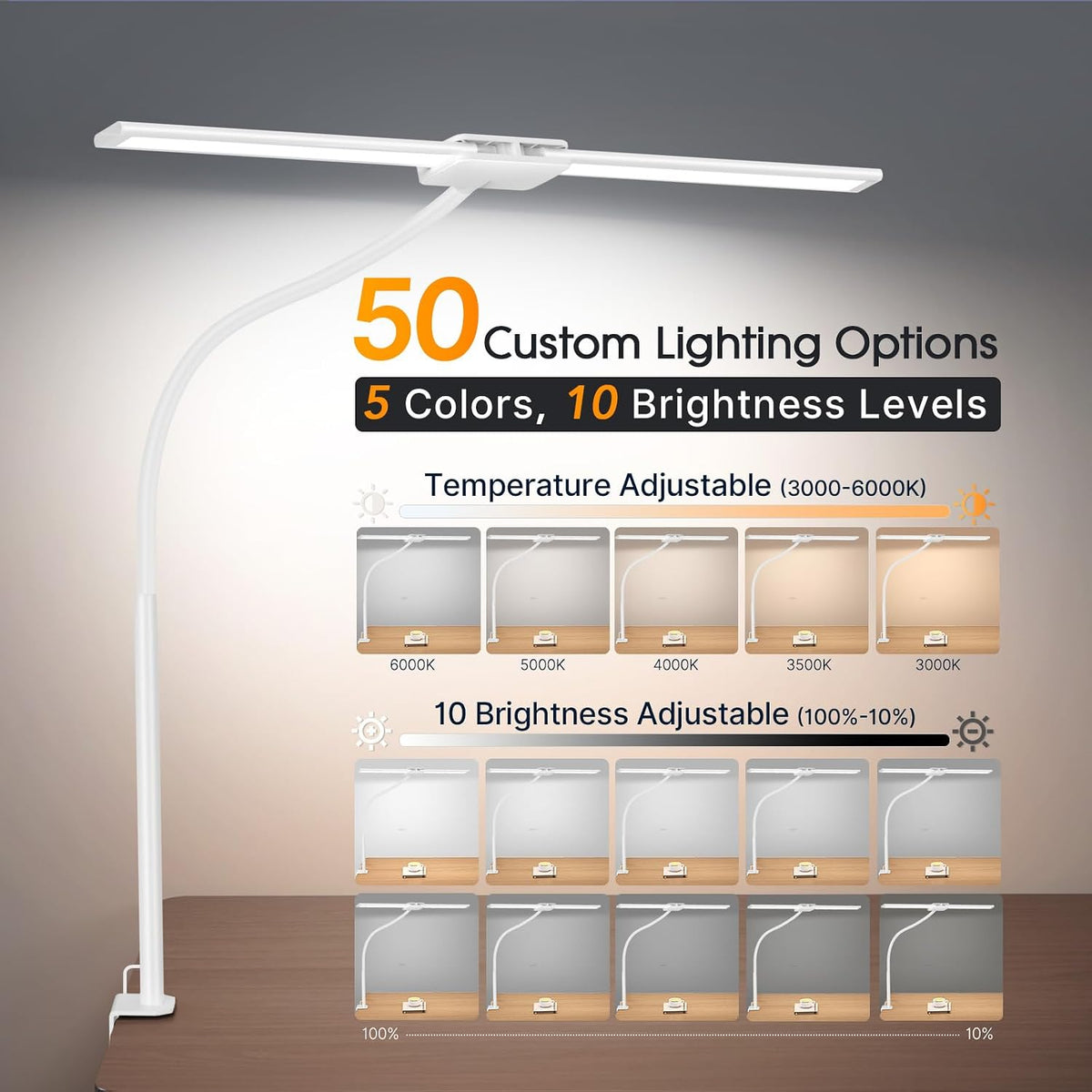 Lámpara Syrinx Lámpara de escritorio LED, luz de escritorio de doble cabezal con