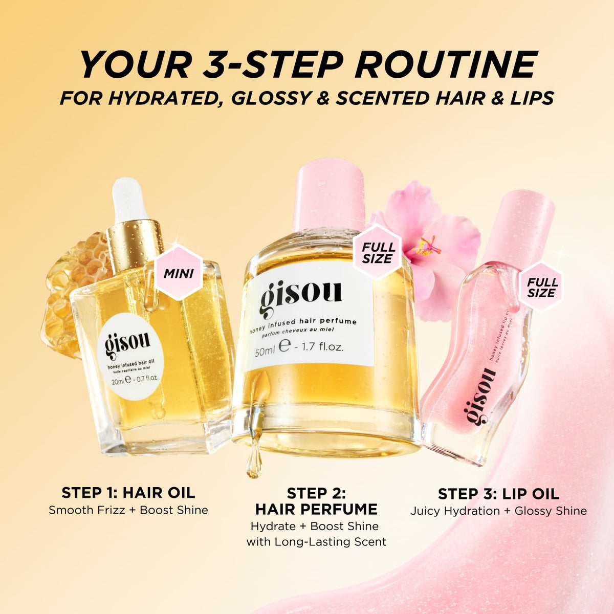 Gisou Honey Gloss Hydration Trio - Aceite para el cabello, aceite l...