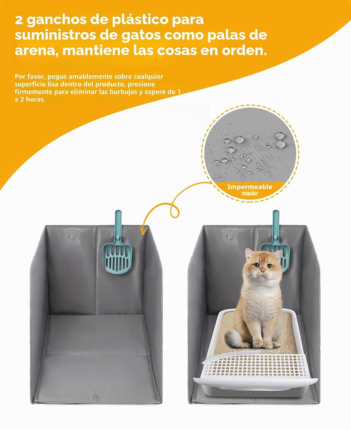 Caja de arena impermeable para gatos con alfombrilla extraíble, caja para gatos con 2 ganchos para cuchara, antifugas, control de polvo, fácil de limpiar, 24.02 x 16.14 x 16.14 pulgadas