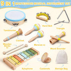 Ehome - Juego de instrumentos musicales Montessori de madera para niños y niñas de 3, 4, 5, 6 años, kit de música de percusión de color neutro con tambor, xilófono, bolsa de almacenamiento, regalo de aprendizaje de cumpleaños