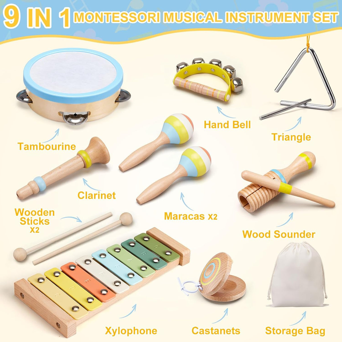 Ehome - Juego de instrumentos musicales Montessori de madera para niños y niñas de 3, 4, 5, 6 años, kit de música de percusión de color neutro con tambor, xilófono, bolsa de almacenamiento, regalo de aprendizaje de cumpleaños