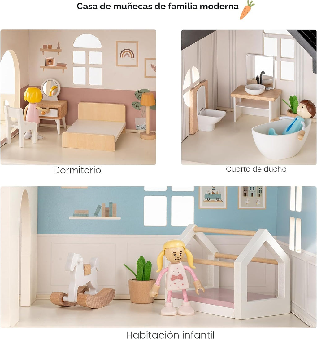 Casa de muñecas de madera para niños, juego de casa de muñecas de juguete de estilo moderno de 6 habitaciones