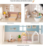 Casa de muñecas de madera para niños, juego de casa de muñecas de juguete de estilo moderno de 6 habitaciones