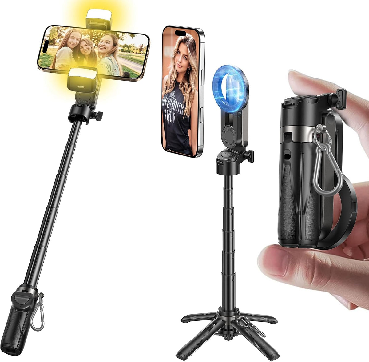 MAGIC JOHN Trípode para teléfono con 2 luces para selfies, portátil tamaño de bolsillo para iPhone Magsafe, Selfie Stick con control remoto desmontable para fotografía, transmisión en vivo, grabación de video