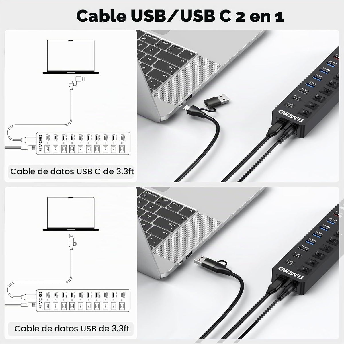 FEMORO, hub USB 3.2 de 11 puertos, alimentado, adaptador 12V/4A