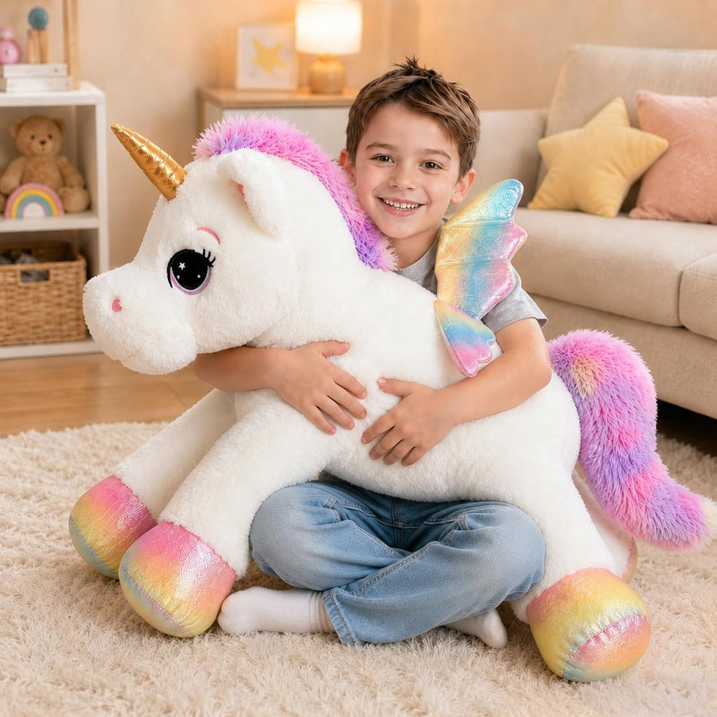 Almohada de peluche de unicornio de 32 pulgadas, suave juguete de peluche grande de unicornio con alas de arcoíris, bonita almohada para abrazar para niños, niñas y adultos, almohada de felpa