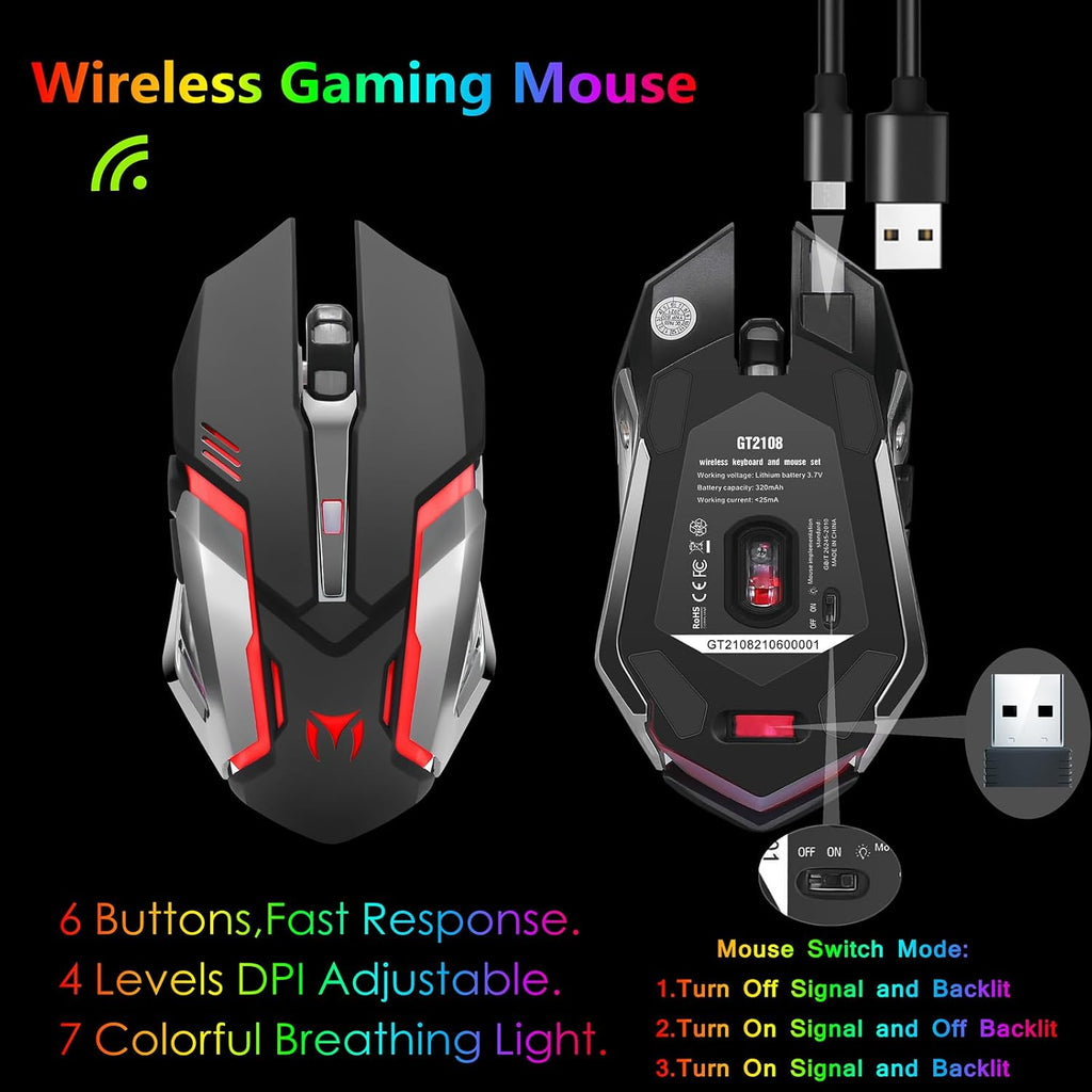 Teclado y mouse inalámbricos RGB para juegos, retroiluminación recargable, batería de larga duración, sensación mecánica de panel de metal con reposamanos, mouse para juegos de 7 colores y alfombrilla