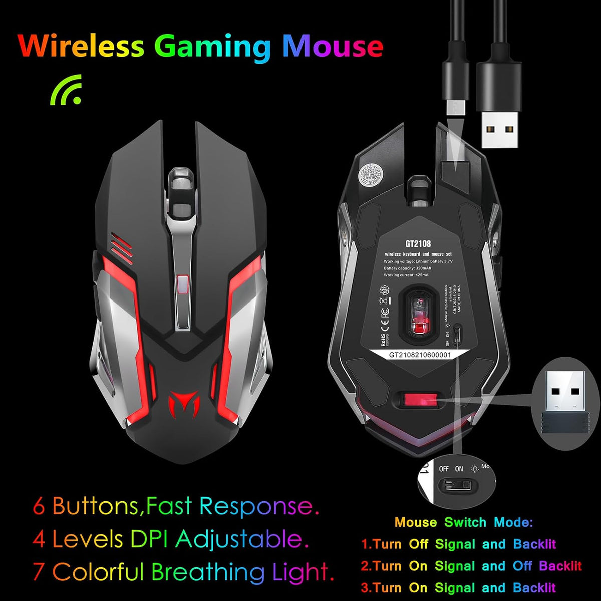 Teclado y mouse inalámbricos RGB para juegos, retroiluminación recargable, batería de larga duración, sensación mecánica de panel de metal con reposamanos, mouse para juegos de 7 colores y alfombrilla