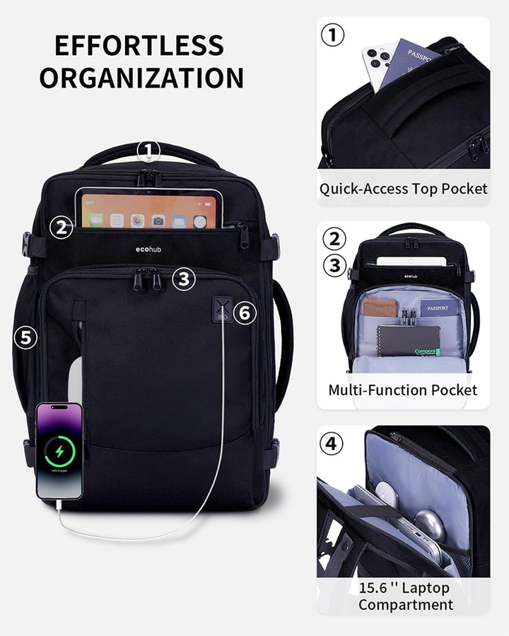 ECOHUB Mochila de Viaje Mochila de Equipaje de Mano, Negro-3, Mochi...